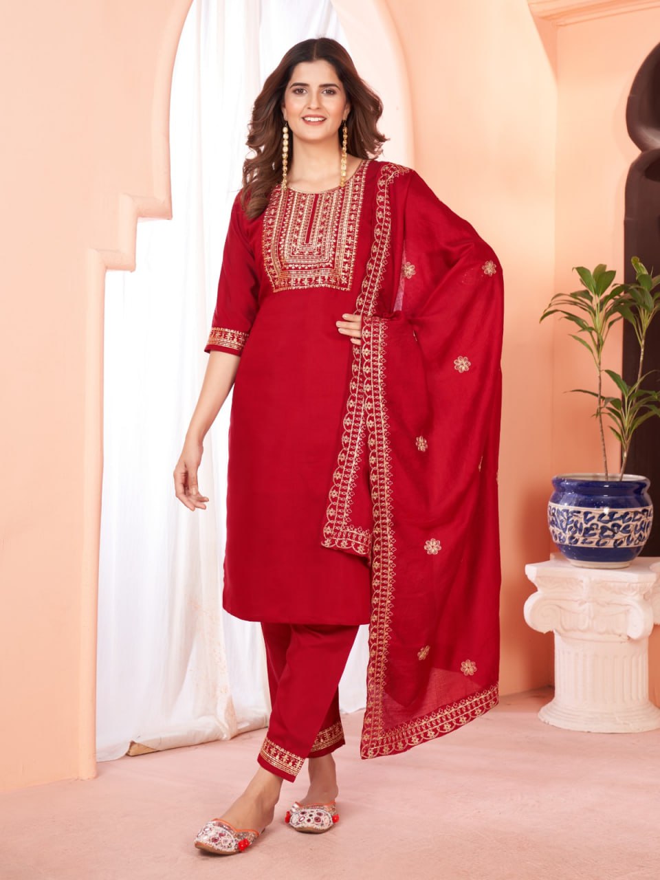 Red Color Our Exquisite Kurti Set Complete With Dupatta and Pants