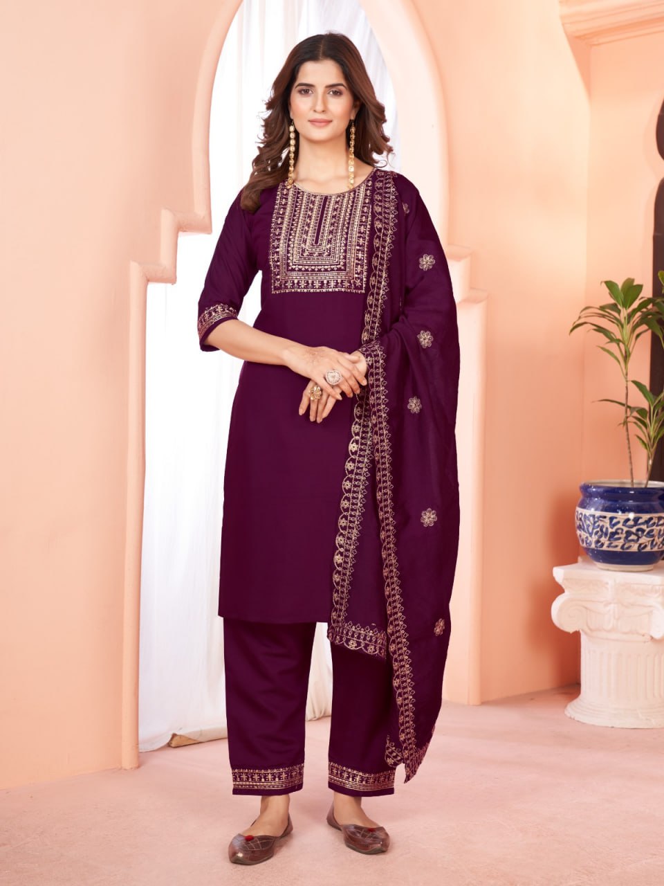Wine Color Our Exquisite Kurti Set Complete With Dupatta and Pants