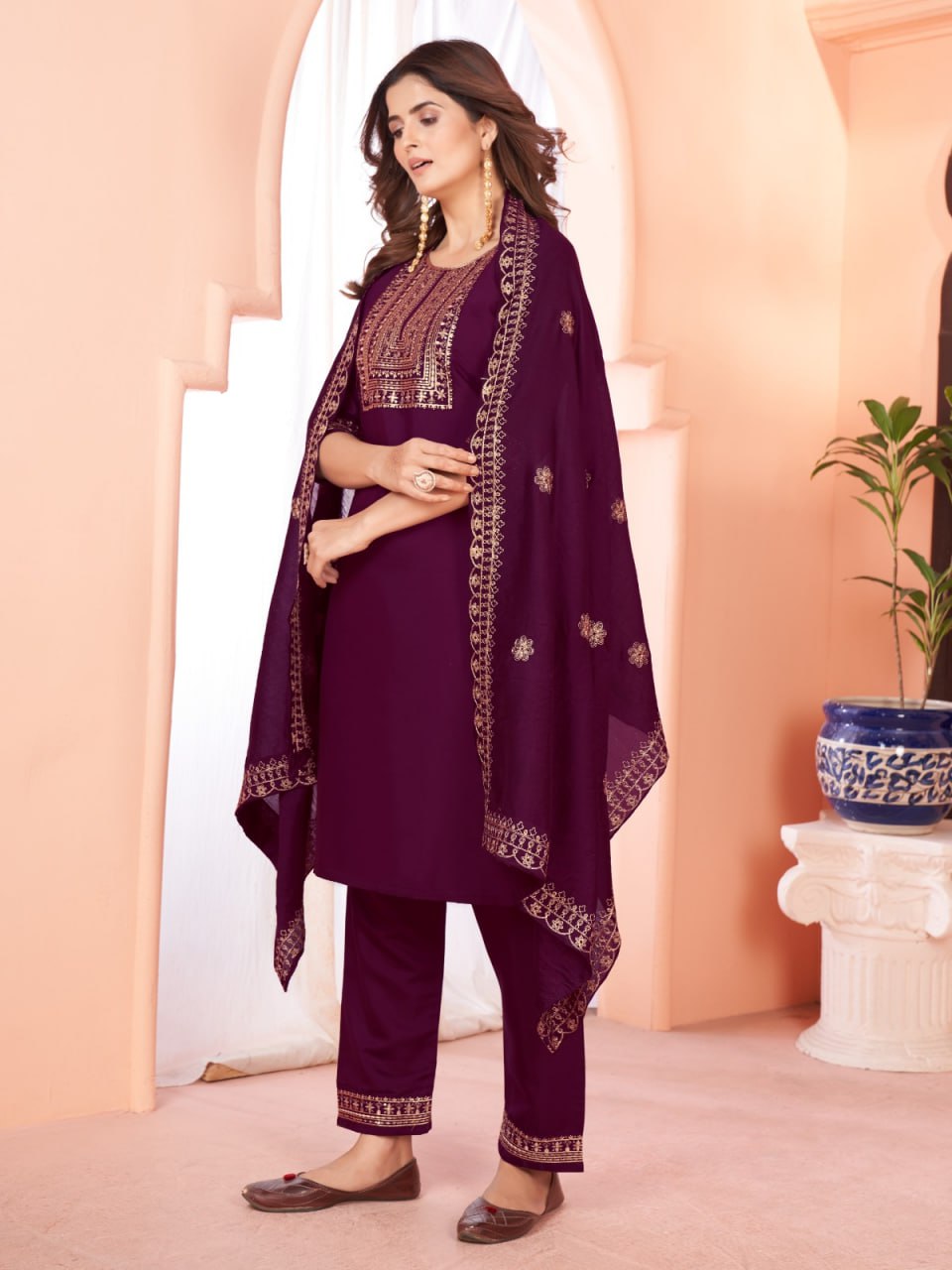 Wine Color Our Exquisite Kurti Set Complete With Dupatta and Pants