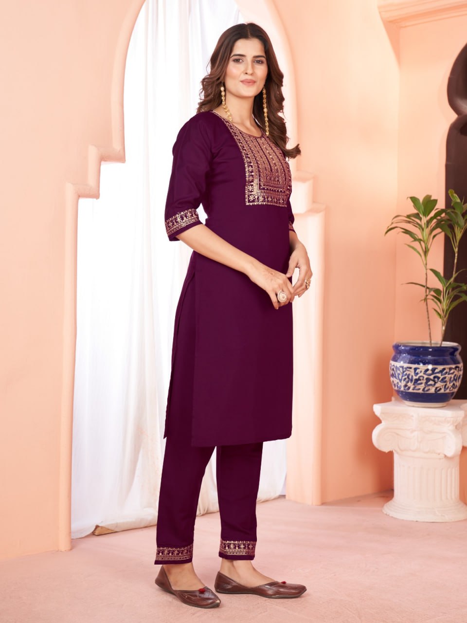 Wine Color Our Exquisite Kurti Set Complete With Dupatta and Pants