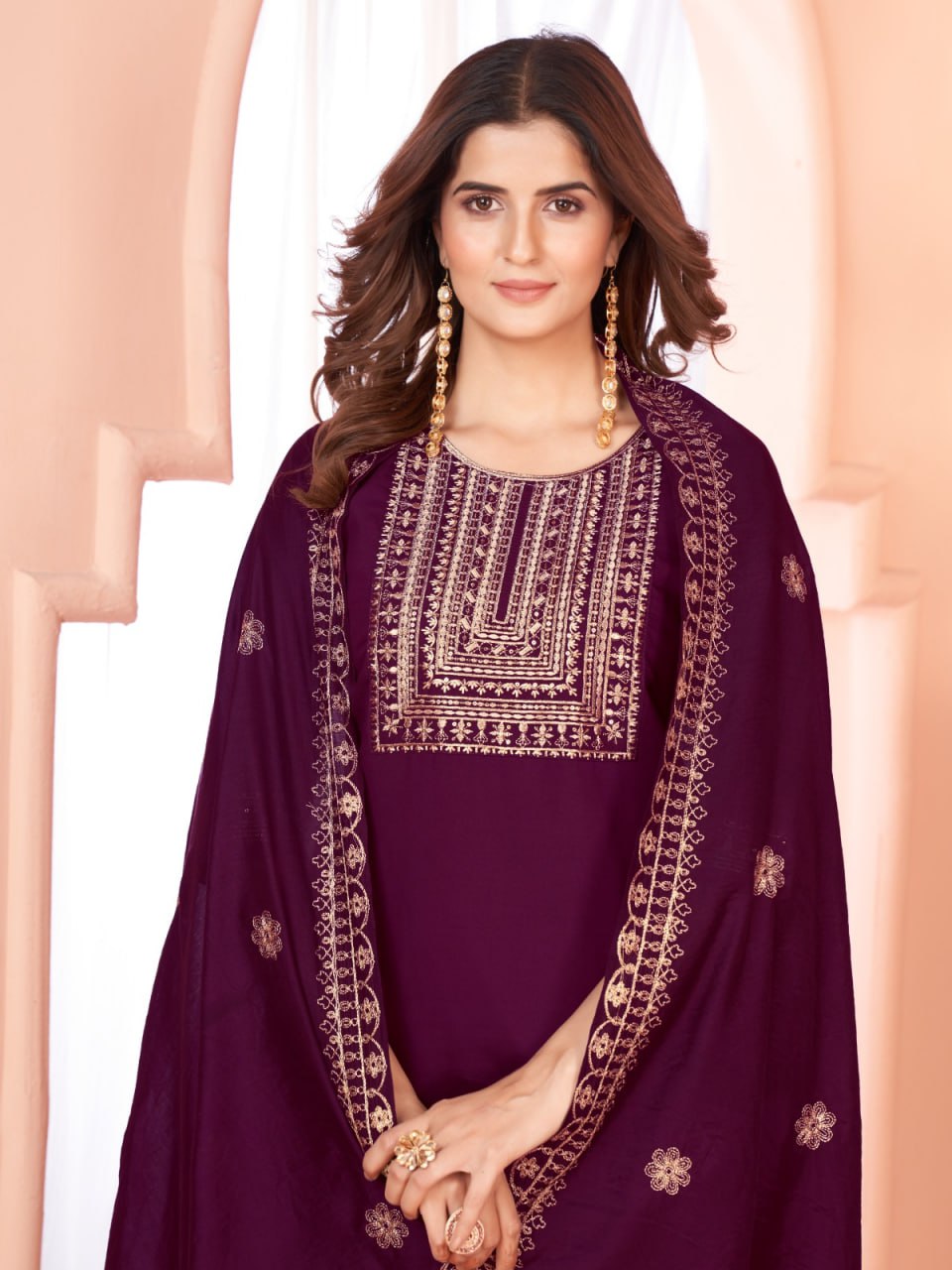 Wine Color Our Exquisite Kurti Set Complete With Dupatta and Pants