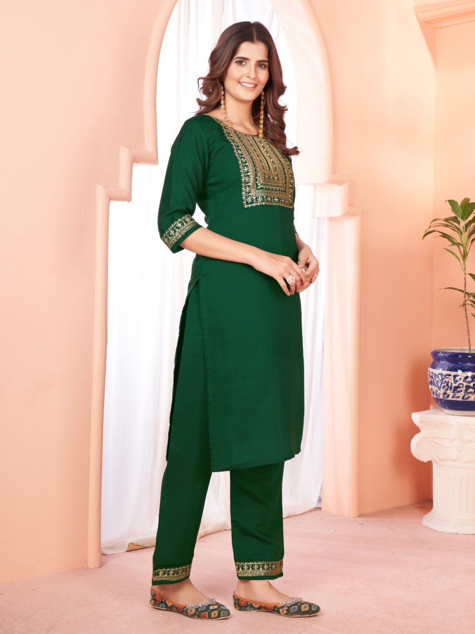 Green Color Our Exquisite Kurti Set Complete With Dupatta and Pants
