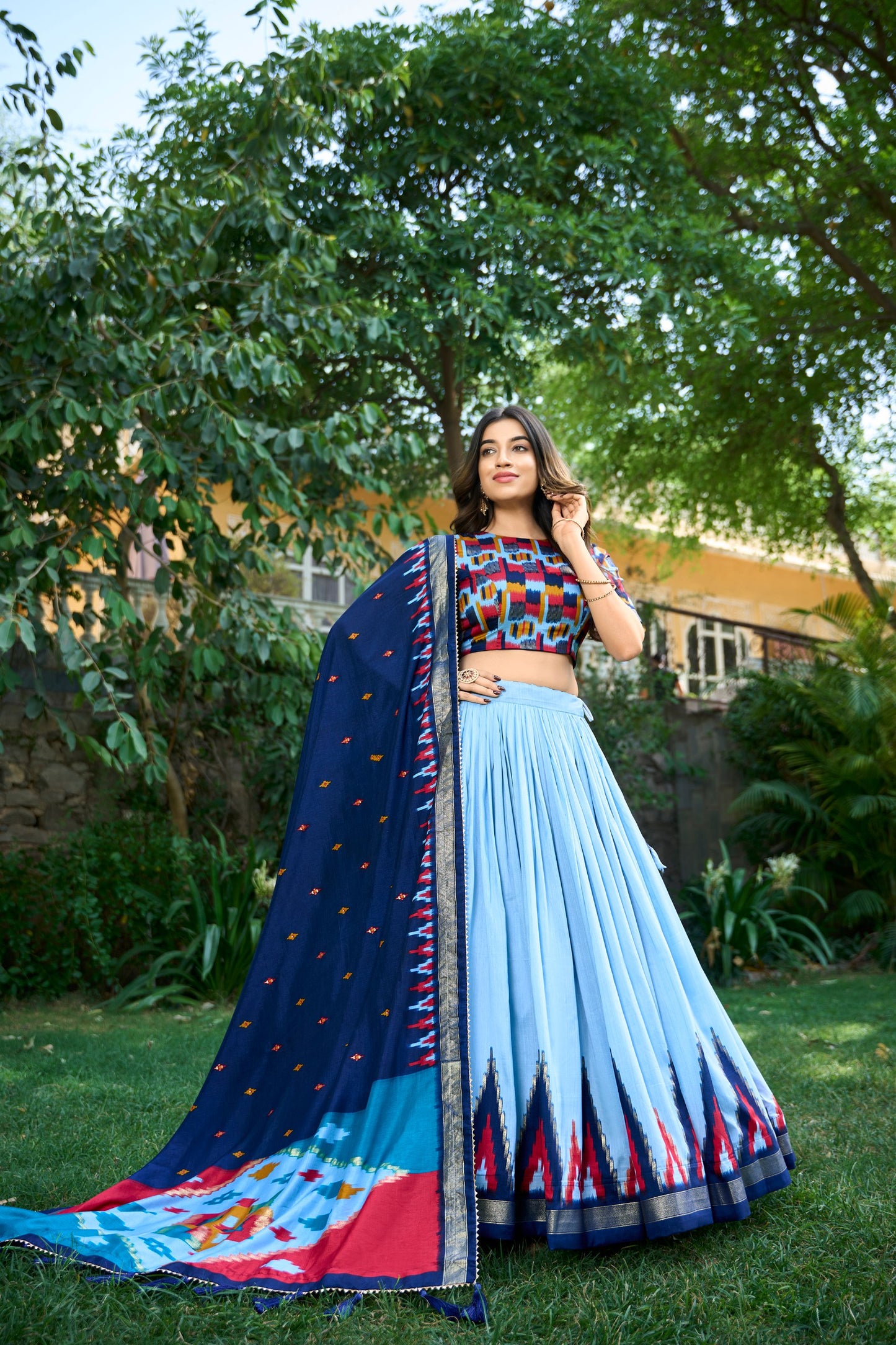 Sky Blue Color Print With Foil Work Tussar Silk Lehenga Choli