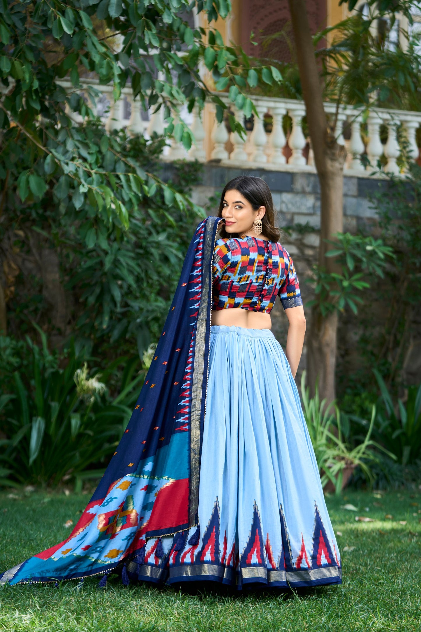 Sky Blue Color Print With Foil Work Tussar Silk Lehenga Choli