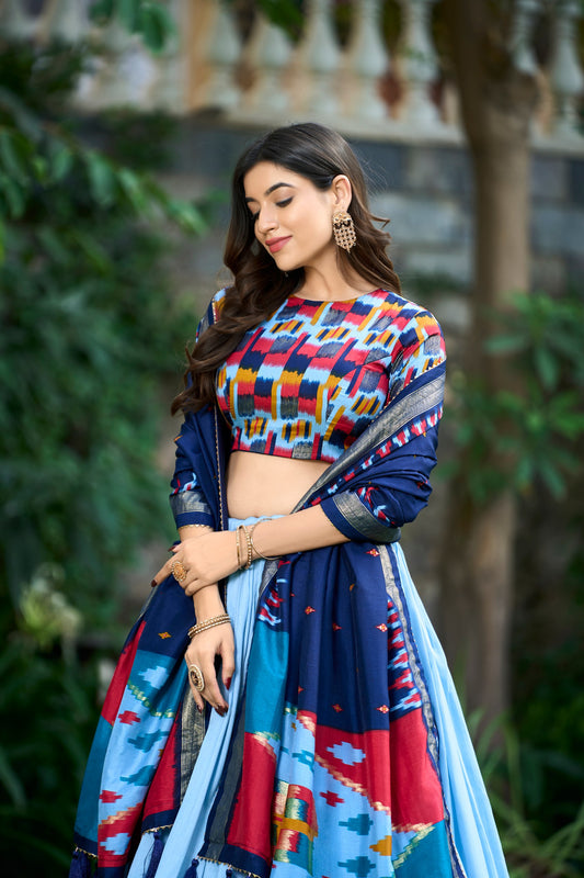 Sky Blue Color Print With Foil Work Tussar Silk Lehenga Choli