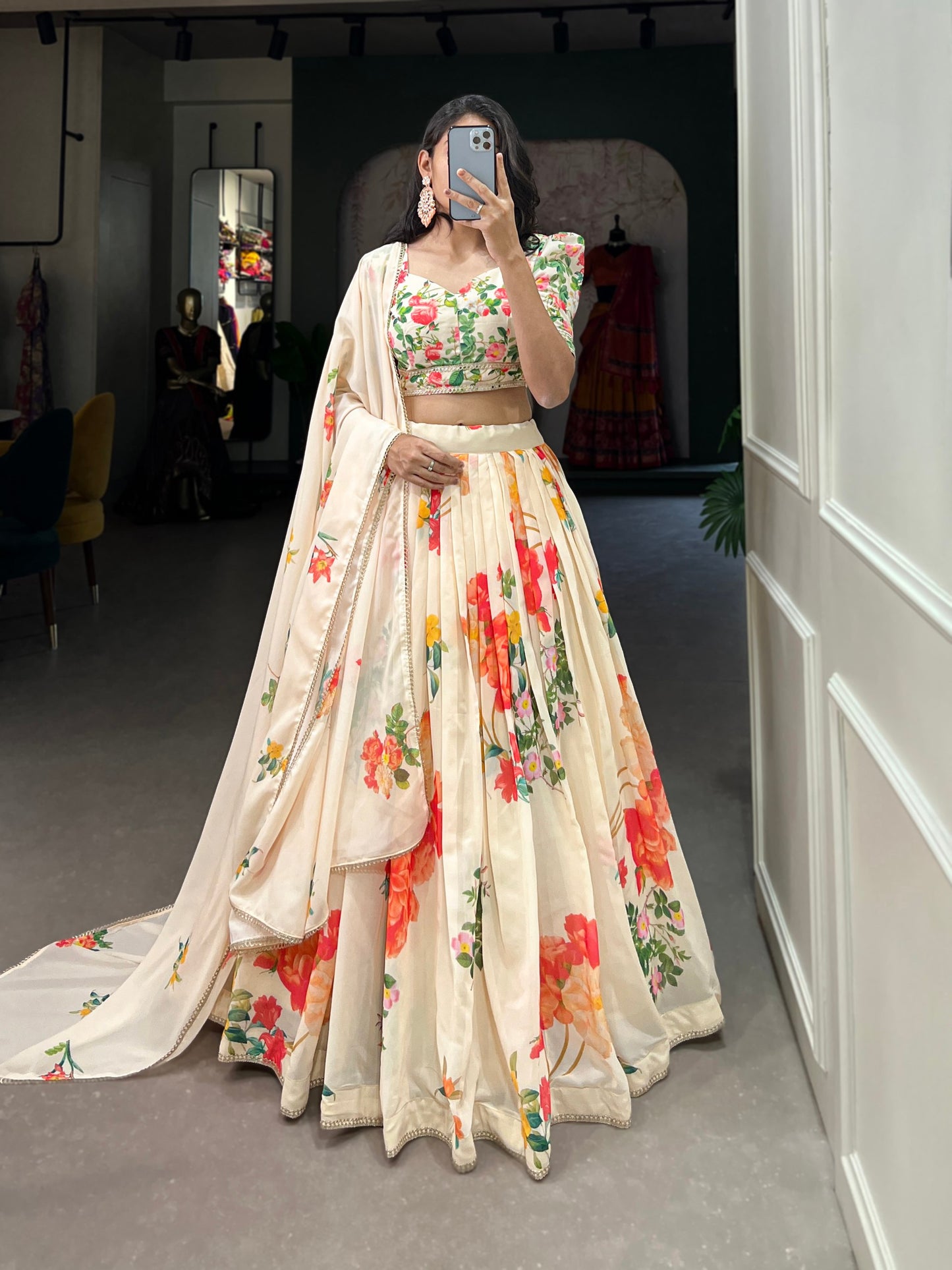 Cream Color Floral Print Georgette Lehenga Choli