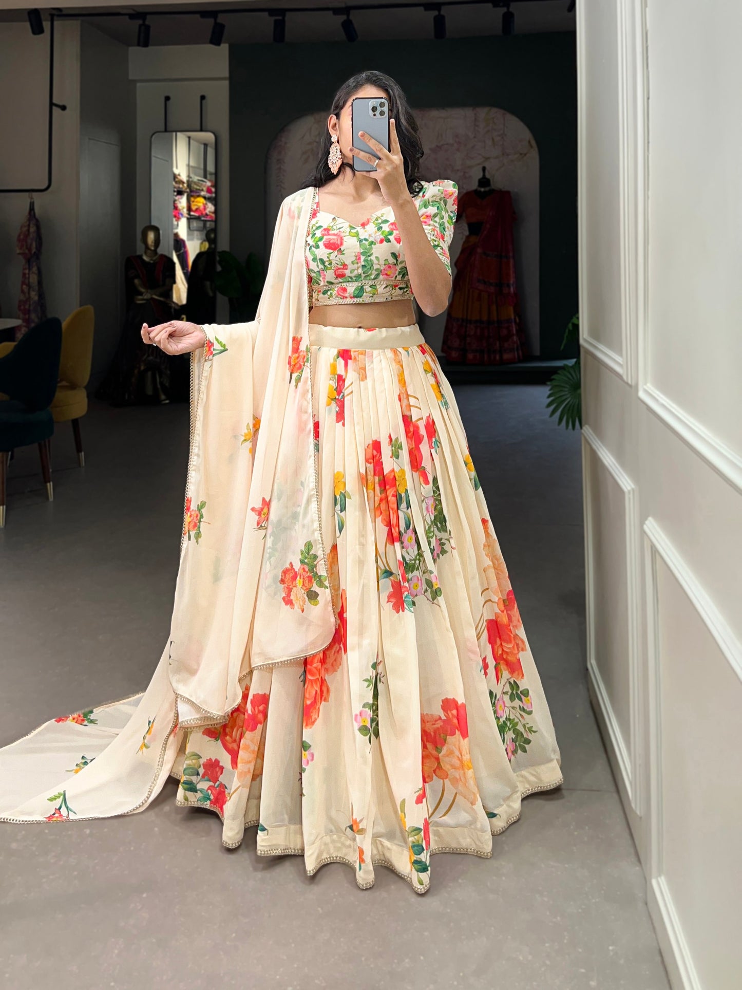 Cream Color Floral Print Georgette Lehenga Choli