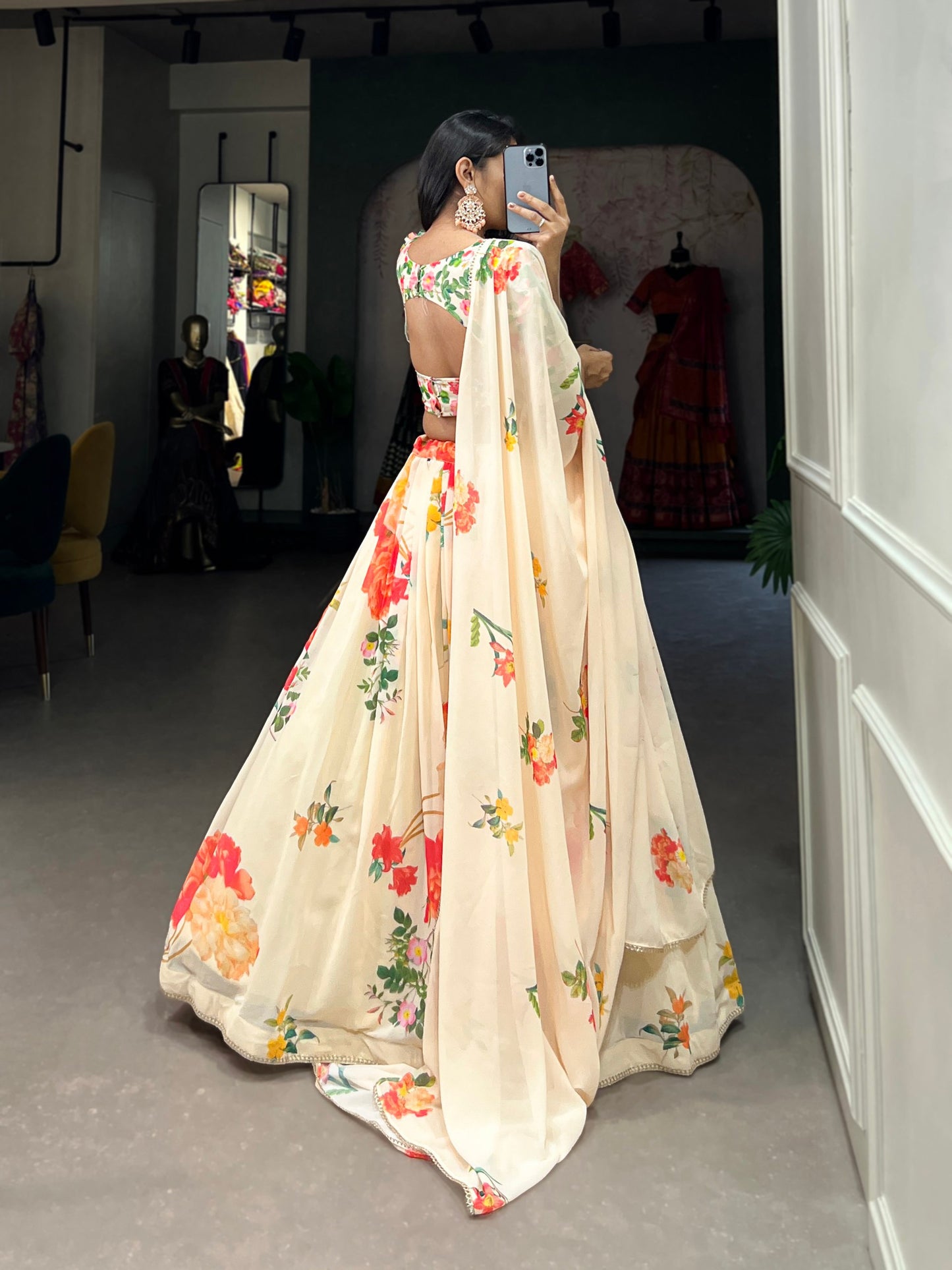 Cream Color Floral Print Georgette Lehenga Choli