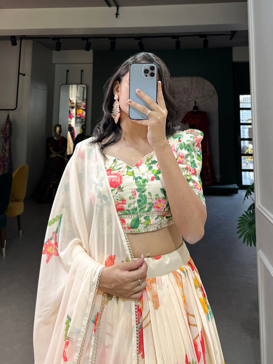 Cream Color Floral Print Georgette Lehenga Choli