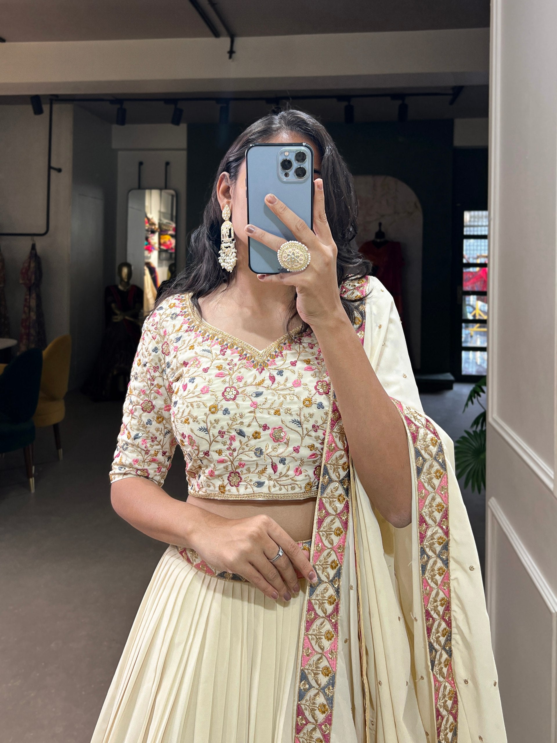 Off White Color Sequins and Thread Embroidery Work Georgette Lehenga Choli