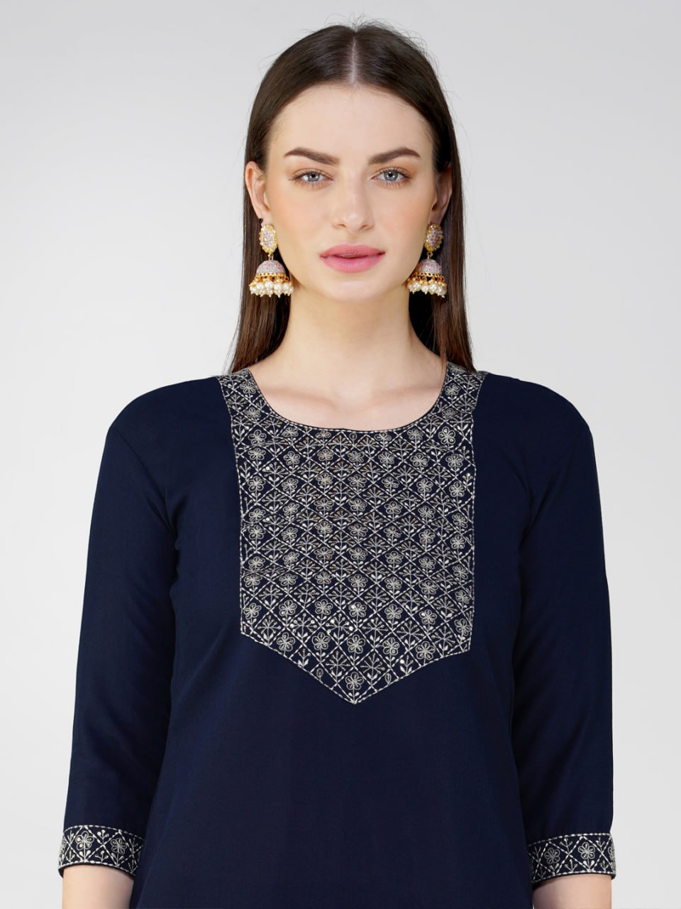 Navy Blue Color Cotton Blend With Embroidery Sequence Work Kurti Pant Dupatta