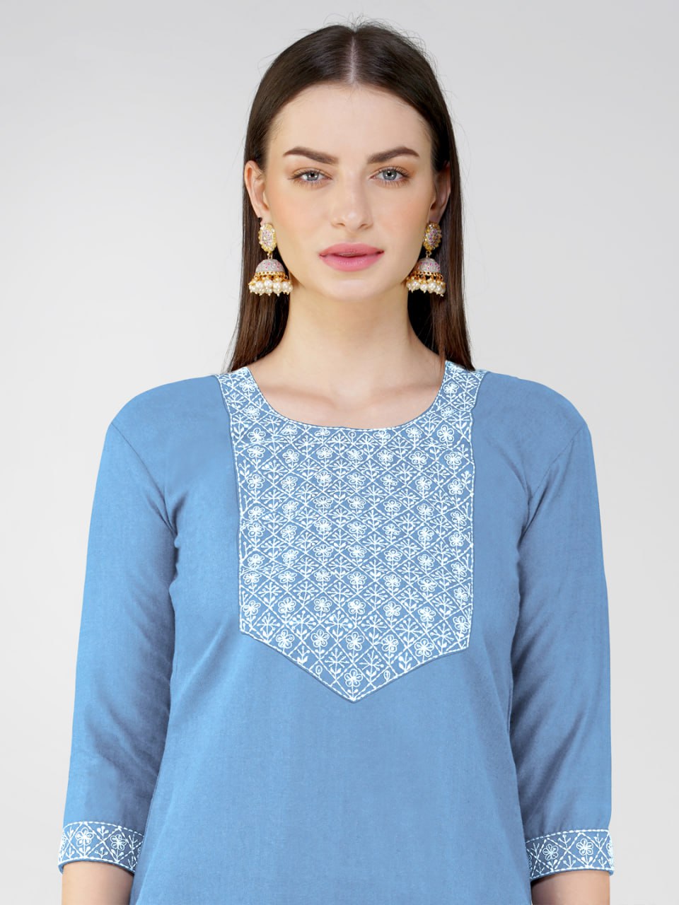 Sky Blue Color Cotton Blend With Embroidery Sequence Work Kurti Pant Dupatta