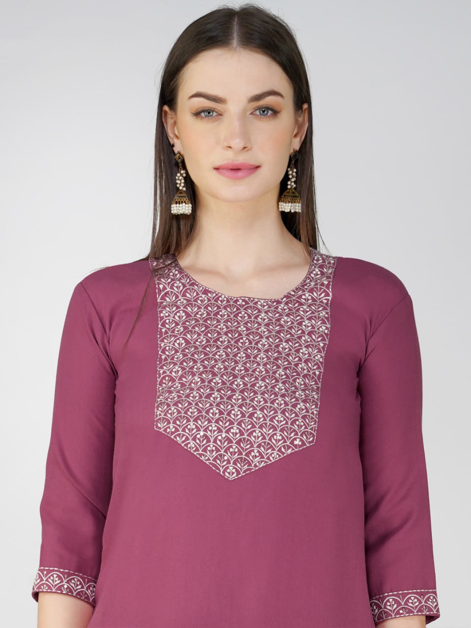 Wine Color Cotton Blend With Embroidery Sequence Work Kurti Pant Dupatta