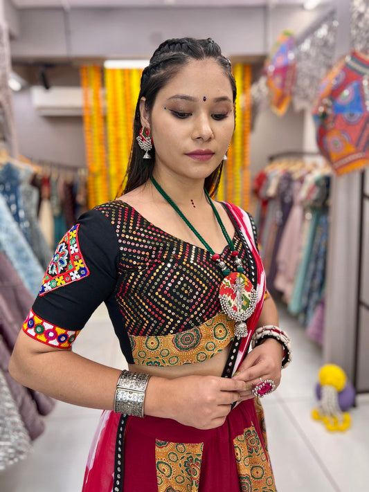 Maroon Color Maslin Heavy Print Gamthi Work Lace Patch Piramit Lehenga Choli