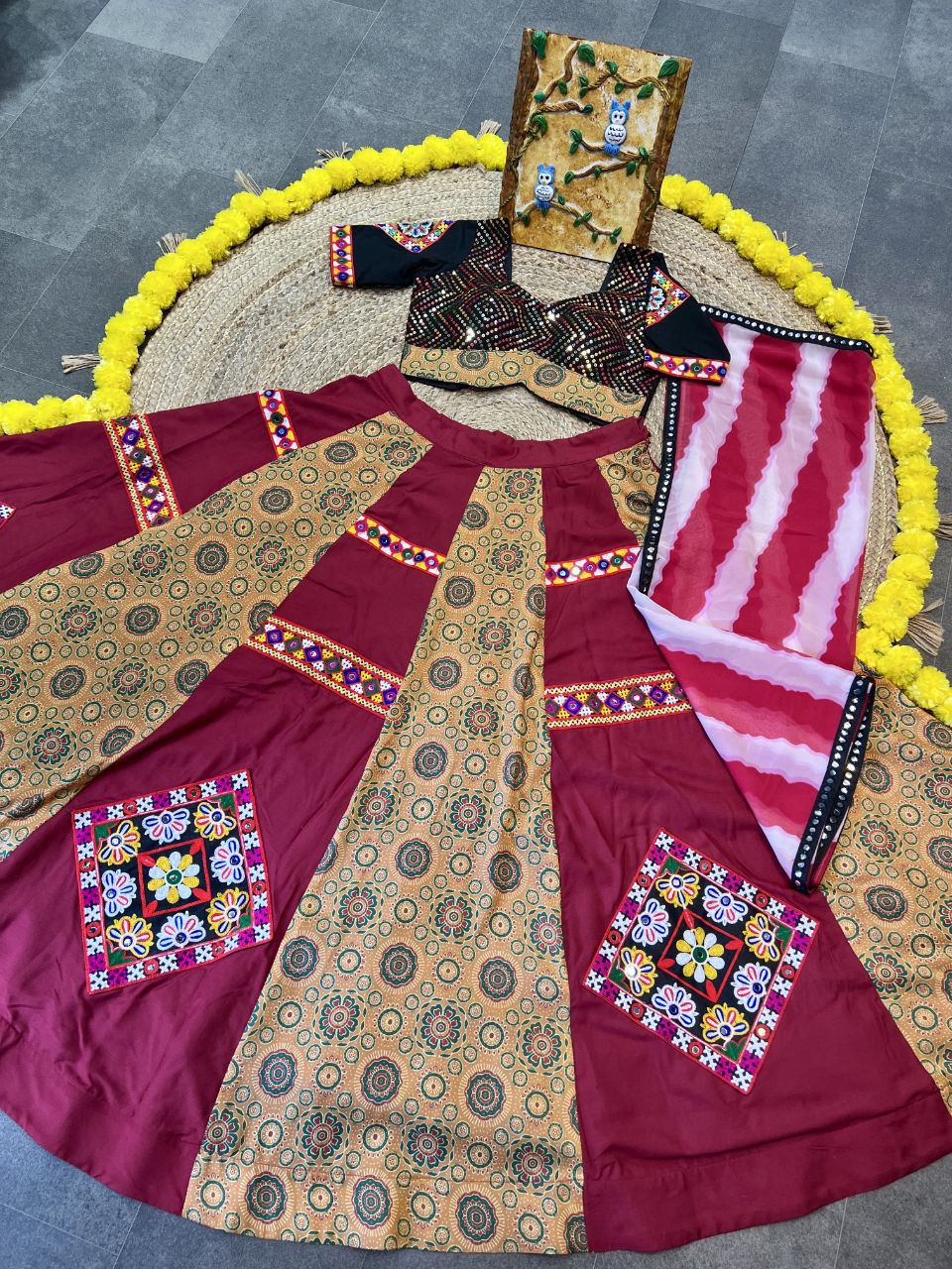 Maroon Color Maslin Heavy Print Gamthi Work Lace Patch Piramit Lehenga Choli