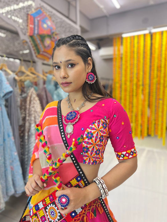 Rani Color Rayon Heavy Print Gamthi Work Pallu Lace Full Stitched Lehenga Choli