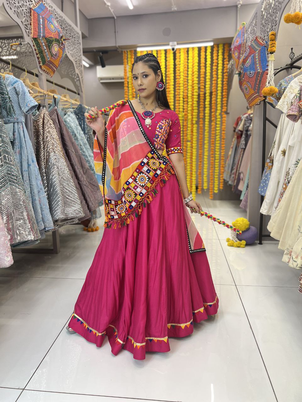 Rani Color Rayon Heavy Print Gamthi Work Pallu Lace Full Stitched Lehenga Choli