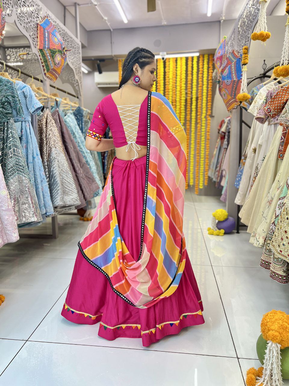Rani Color Rayon Heavy Print Gamthi Work Pallu Lace Full Stitched Lehenga Choli