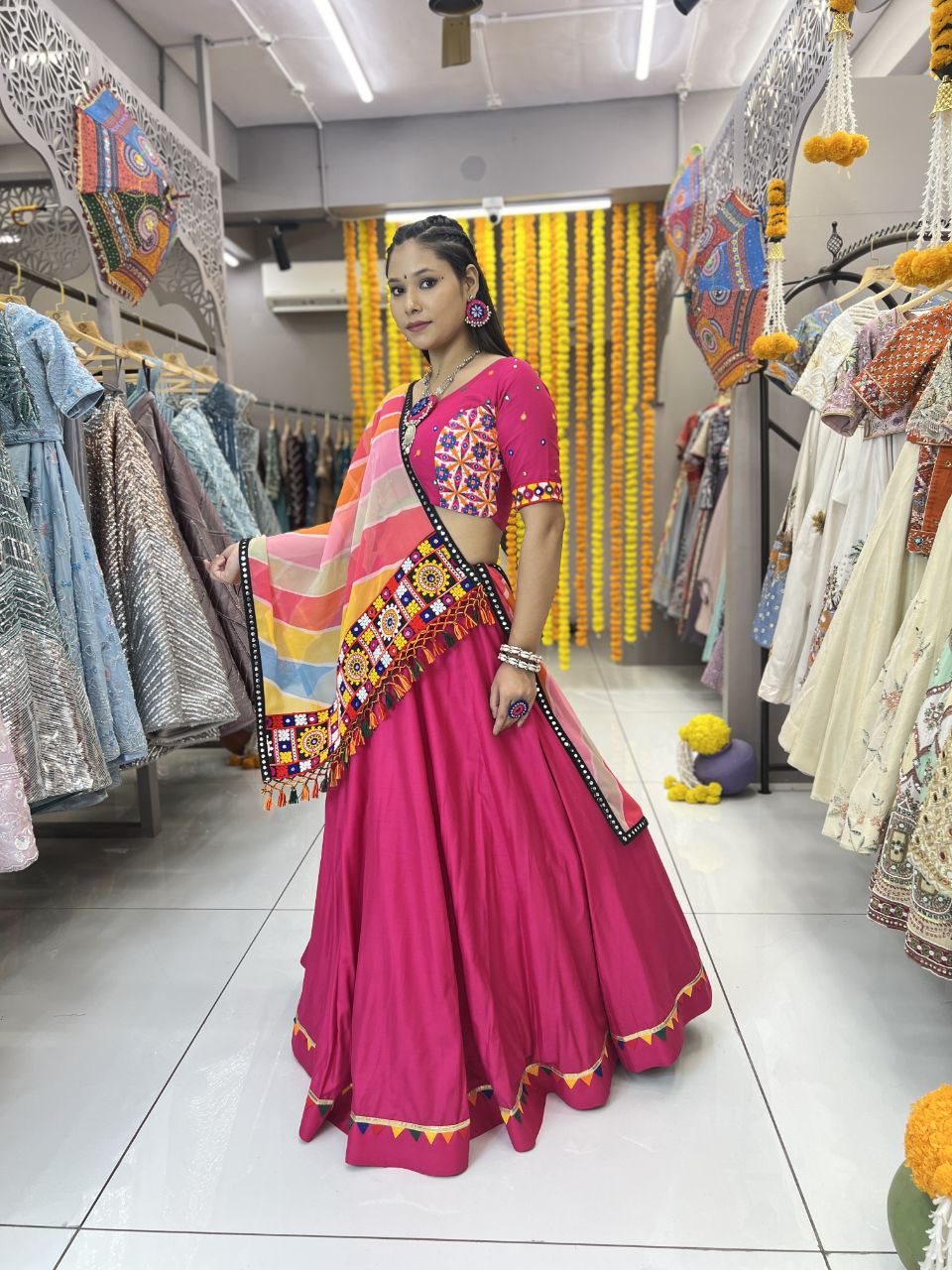 Rani Color Rayon Heavy Print Gamthi Work Pallu Lace Full Stitched Lehenga Choli