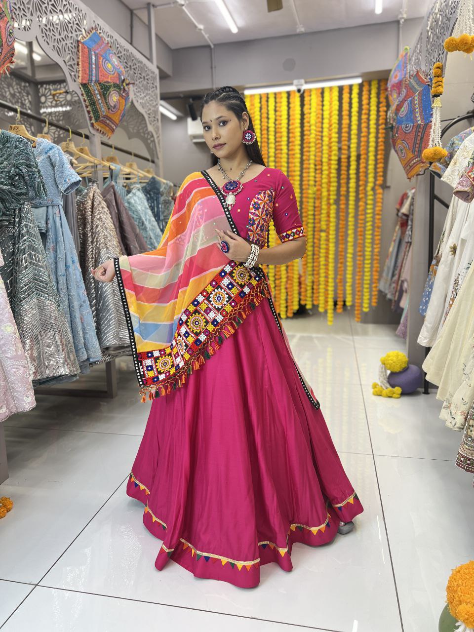 Rani Color Rayon Heavy Print Gamthi Work Pallu Lace Full Stitched Lehenga Choli