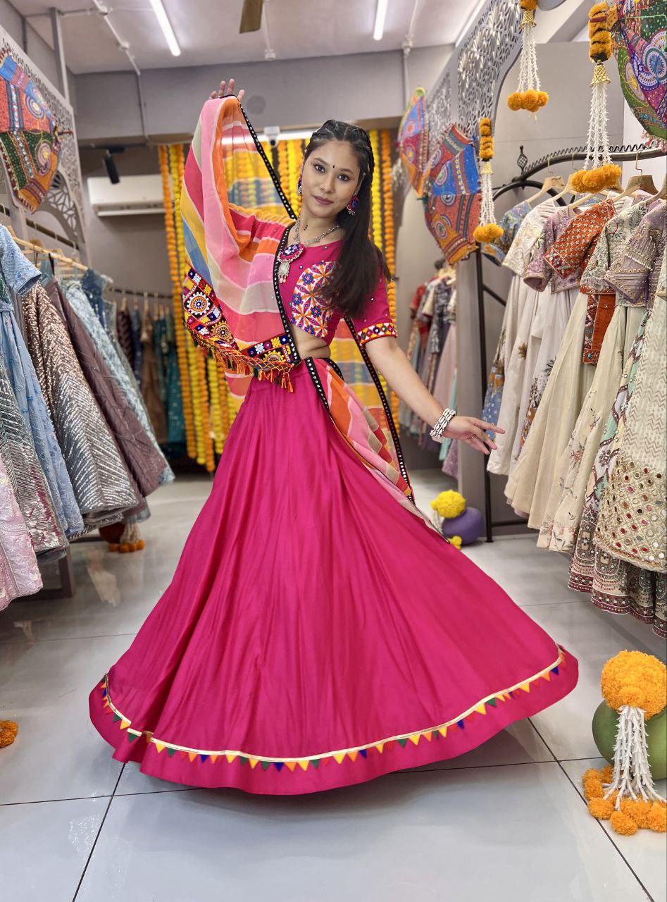 Rani Color Rayon Heavy Print Gamthi Work Pallu Lace Full Stitched Lehenga Choli
