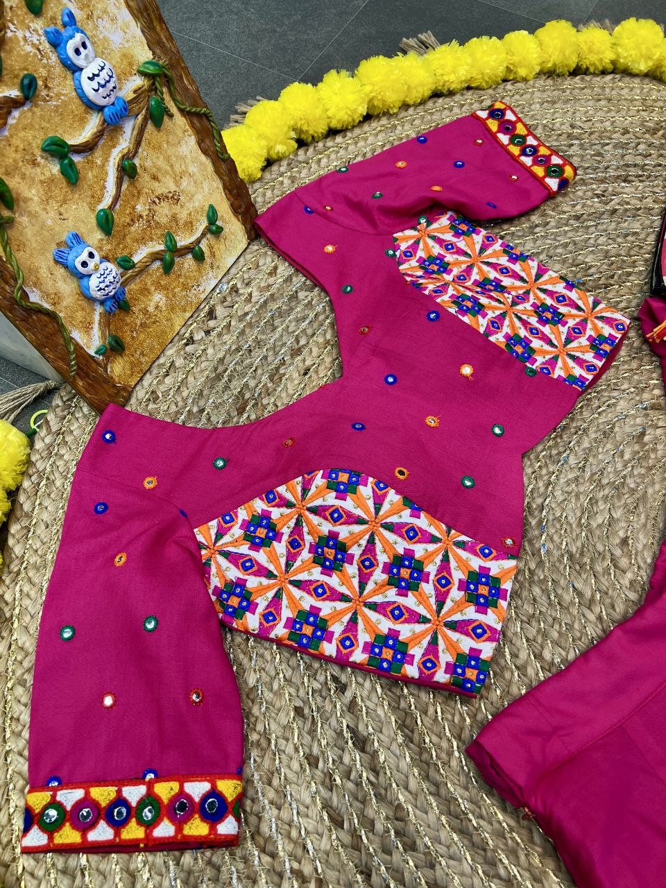 Rani Color Rayon Heavy Print Gamthi Work Pallu Lace Full Stitched Lehenga Choli