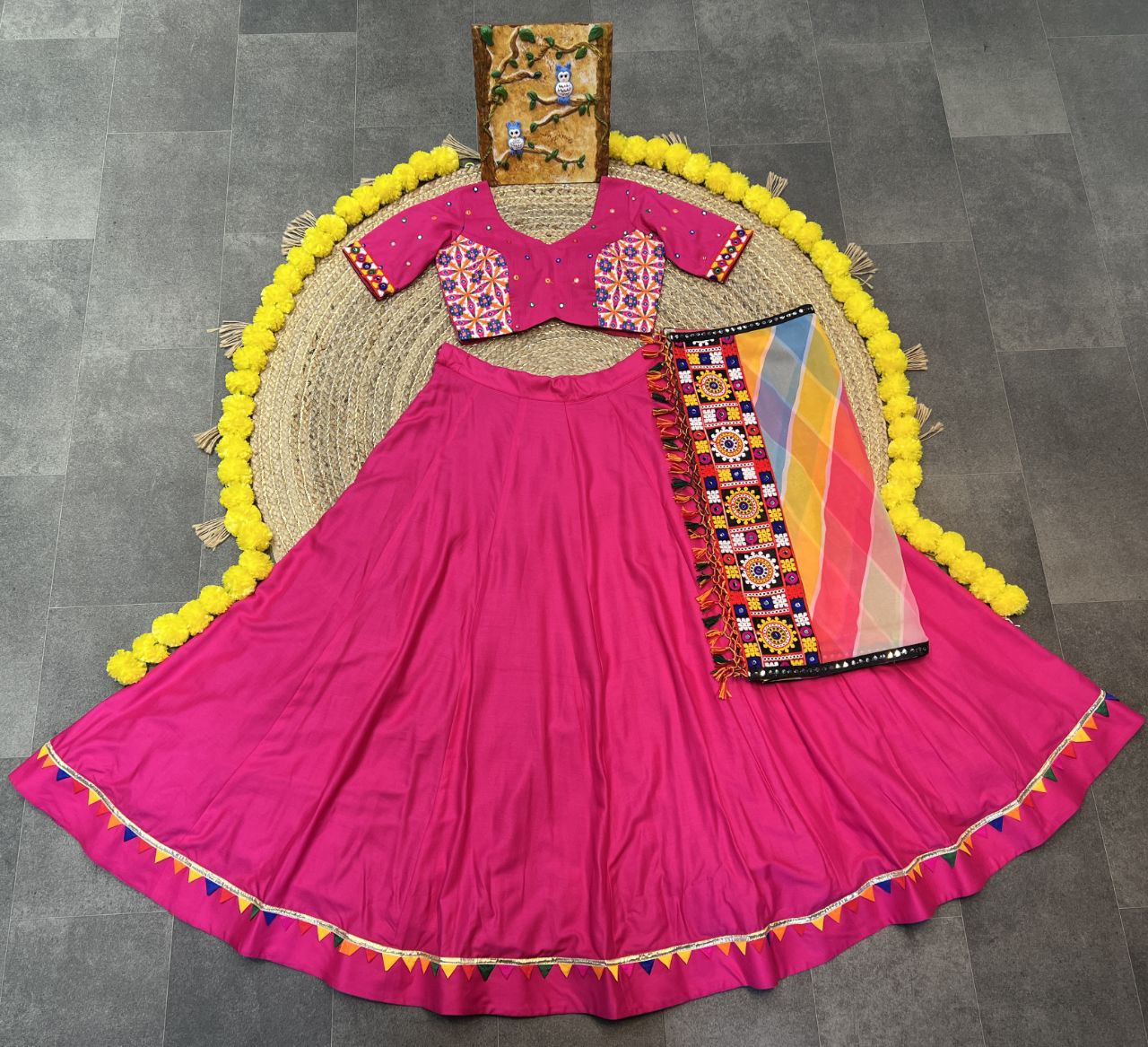 Rani Color Rayon Heavy Print Gamthi Work Pallu Lace Full Stitched Lehenga Choli