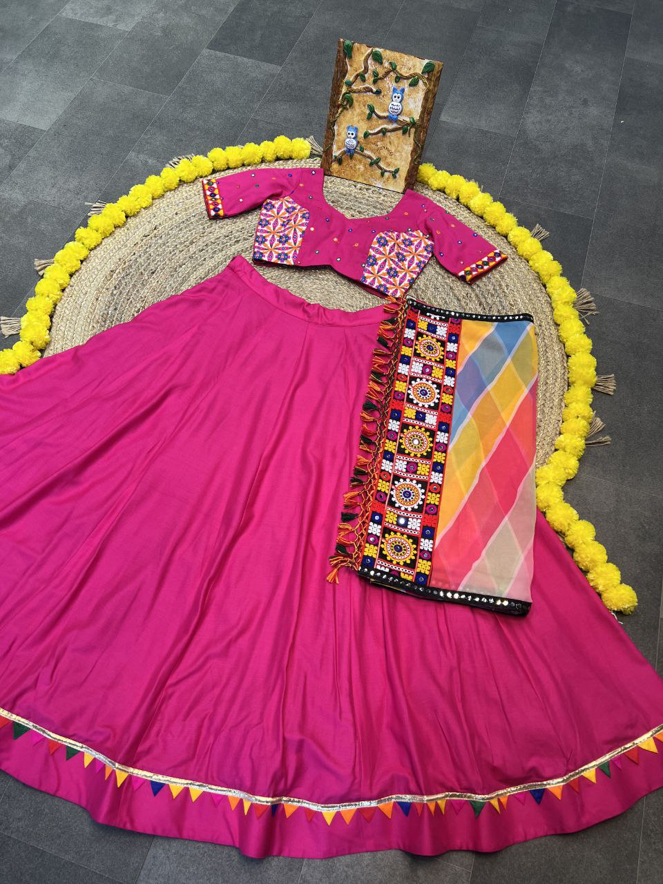 Rani Color Rayon Heavy Print Gamthi Work Pallu Lace Full Stitched Lehenga Choli
