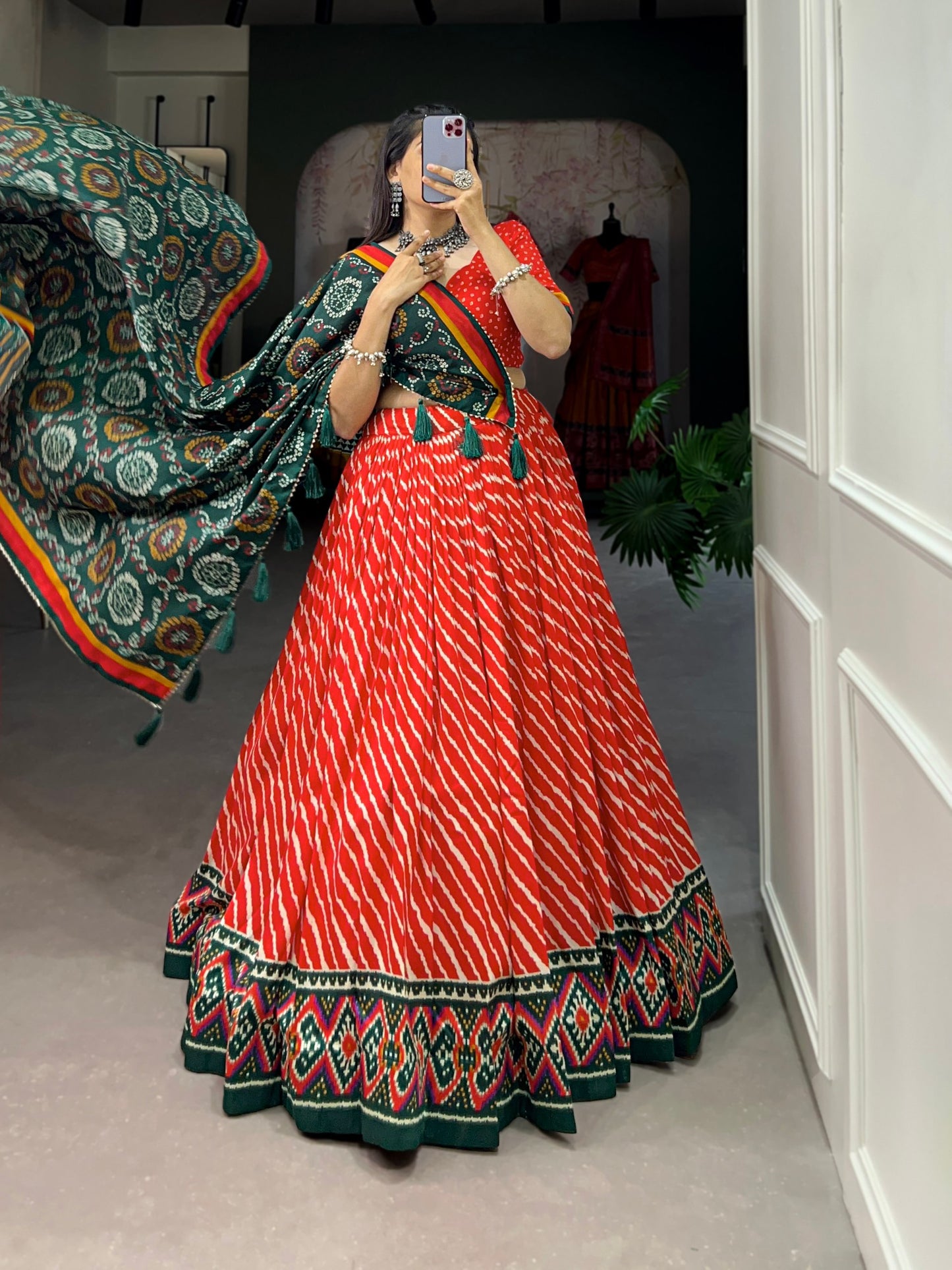 Red Color Leheriya Print Tussar Silk Lehenga Choli