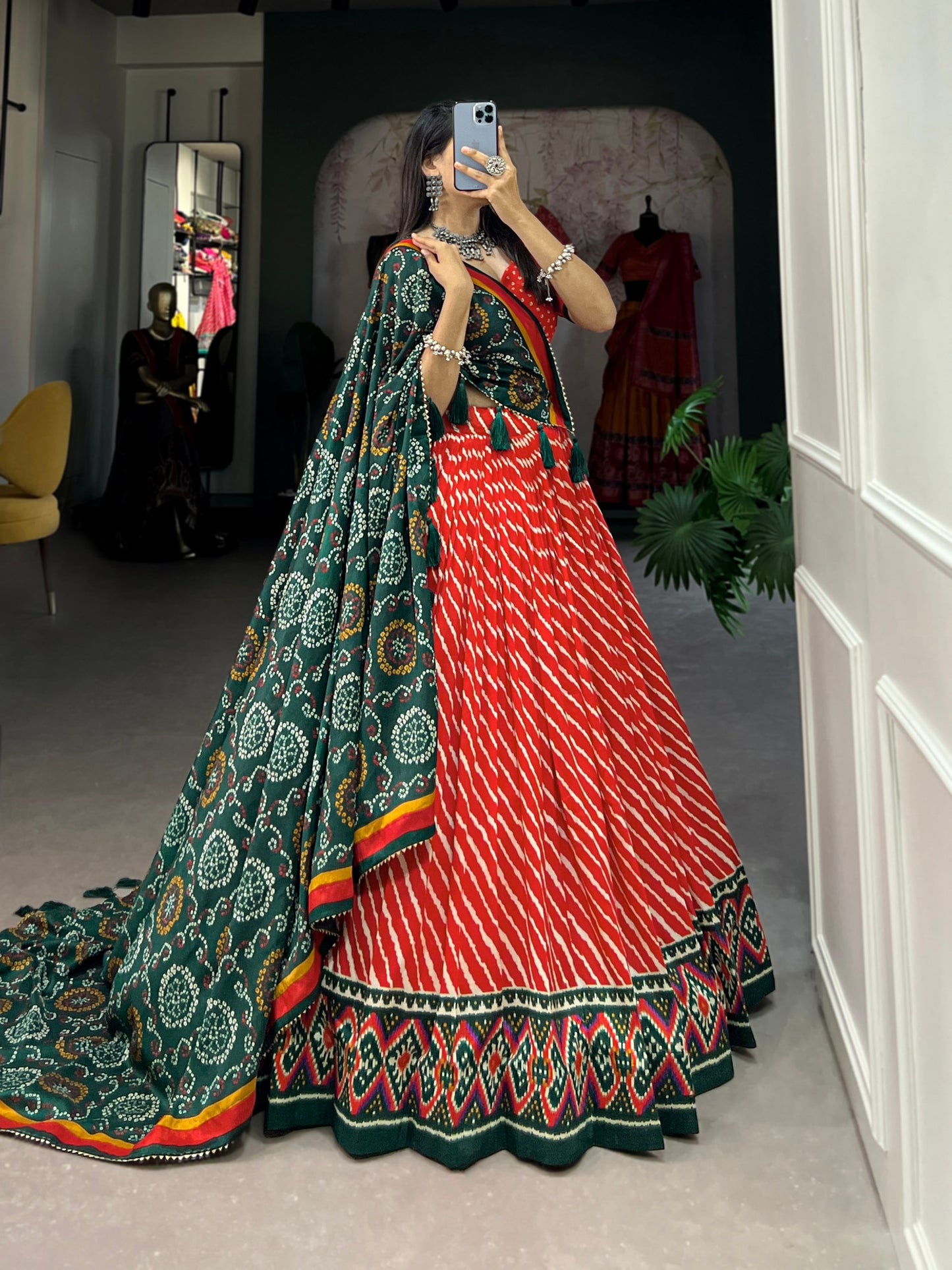 Red Color Leheriya Print Tussar Silk Lehenga Choli