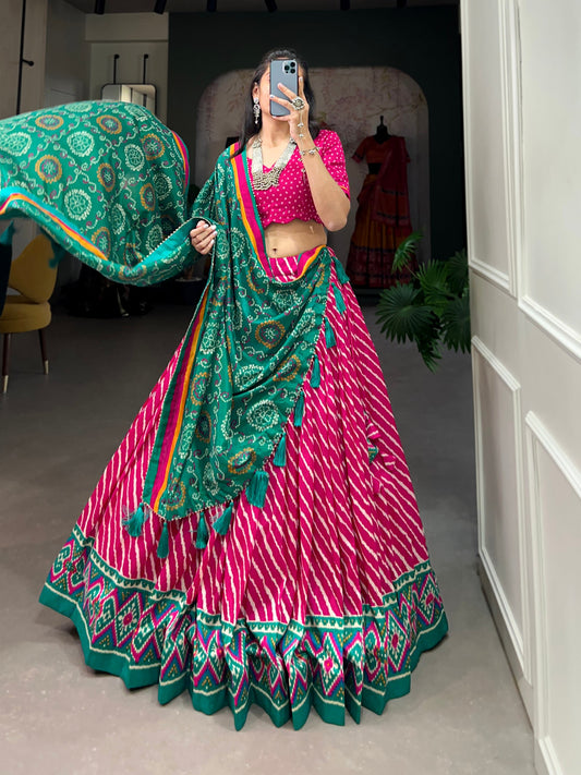 Pink Color Leheriya Print Tussar Silk Lehenga Choli