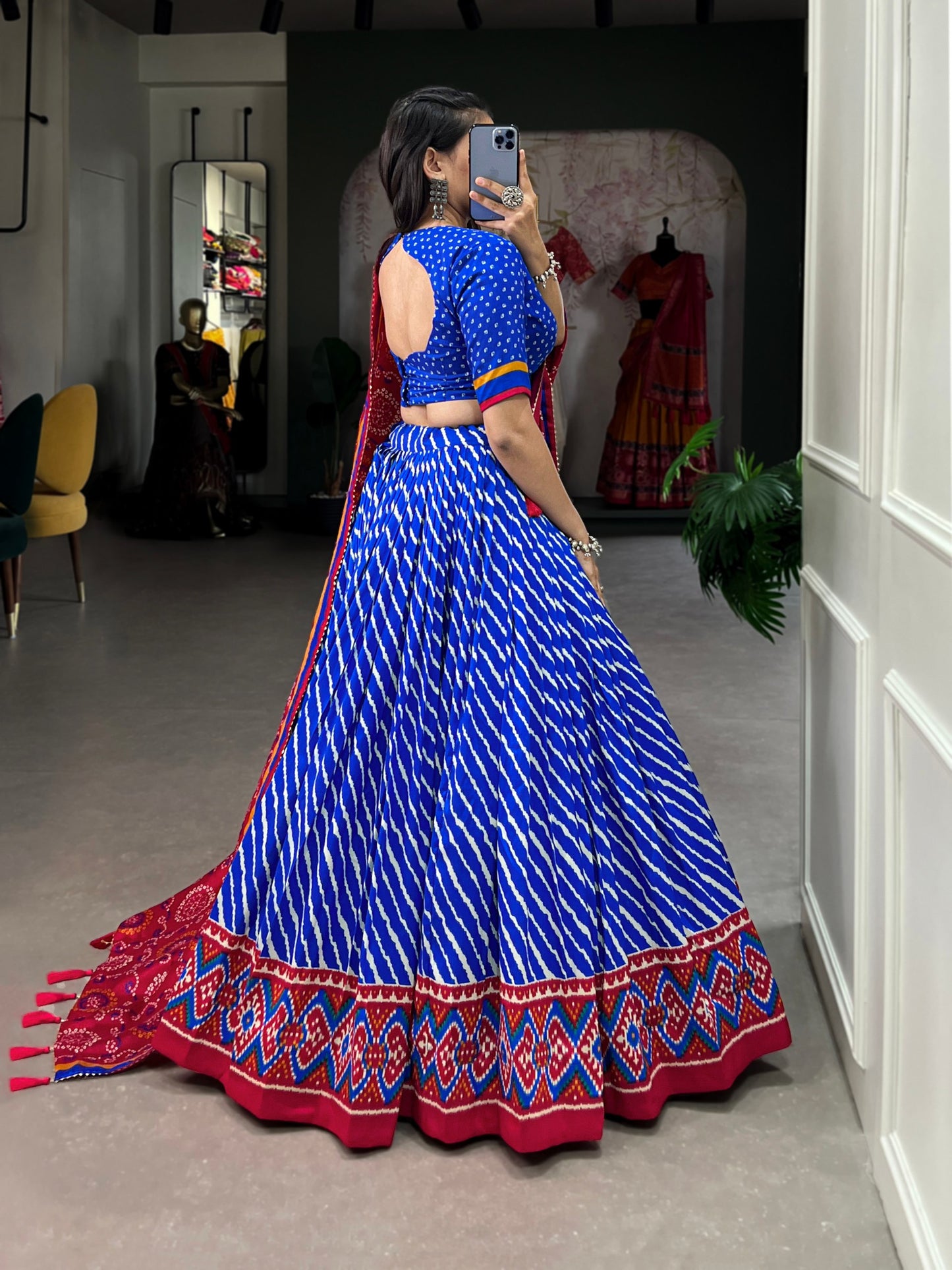 Red Blue Color Leheriya Print Tussar Silk Lehenga Choli