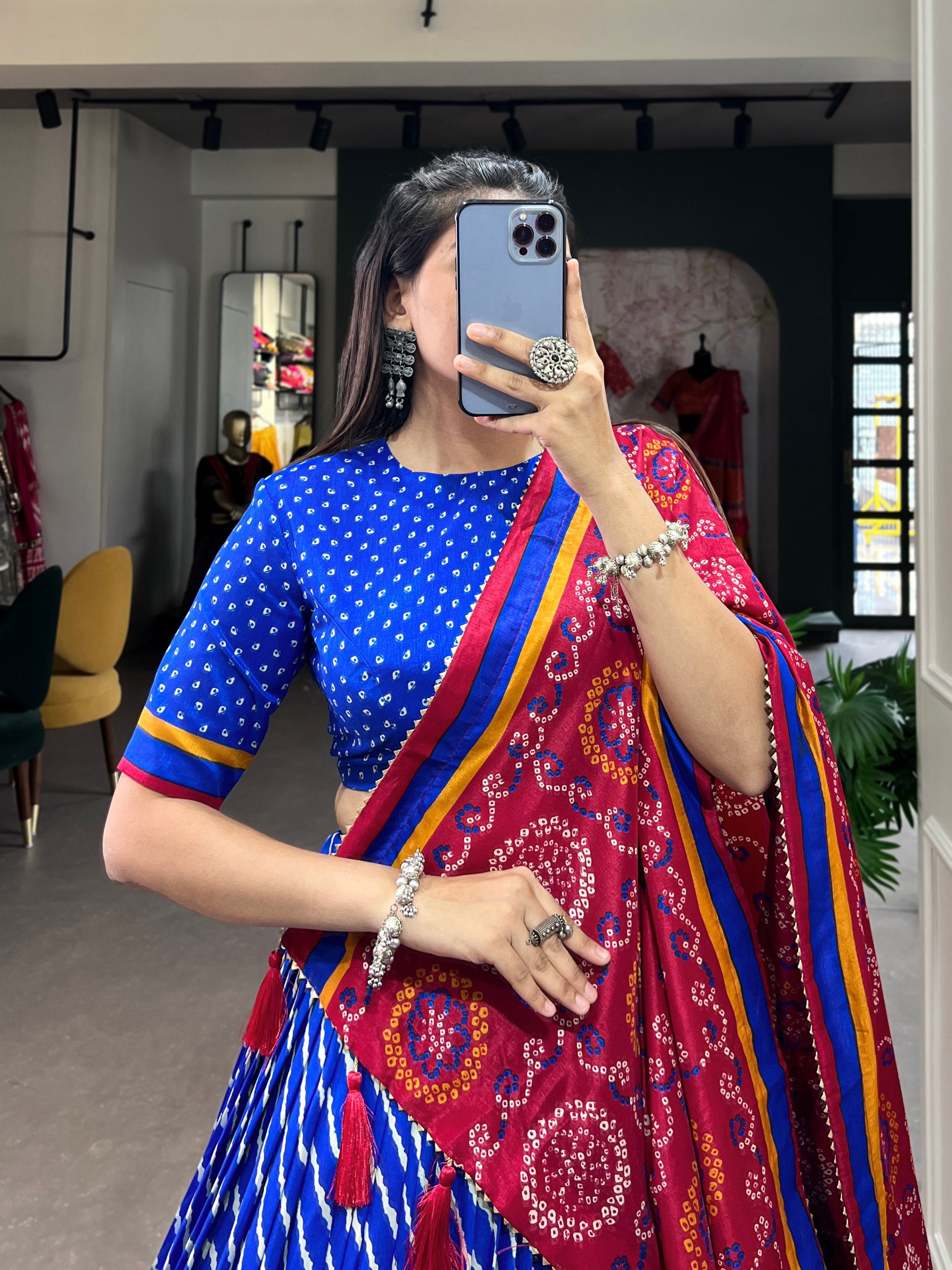 Red Blue Color Leheriya Print Tussar Silk Lehenga Choli