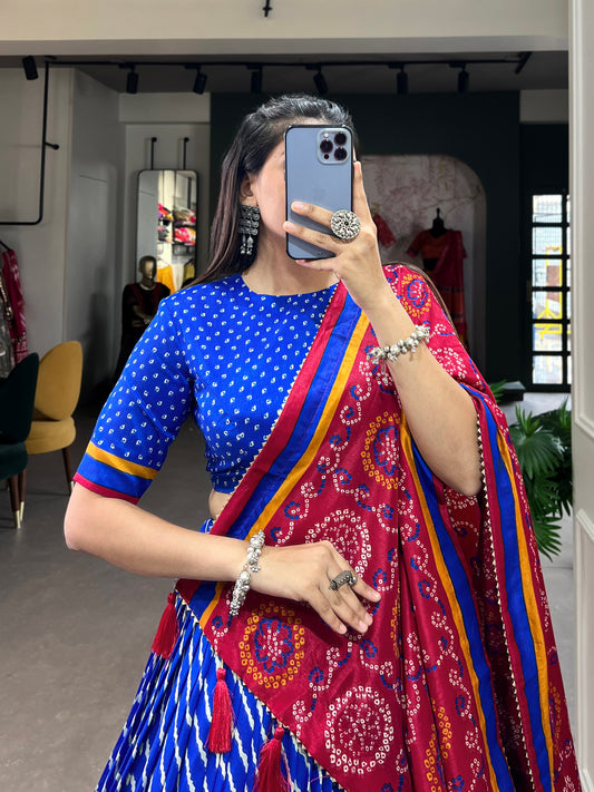 Red Blue Color Leheriya Print Tussar Silk Lehenga Choli
