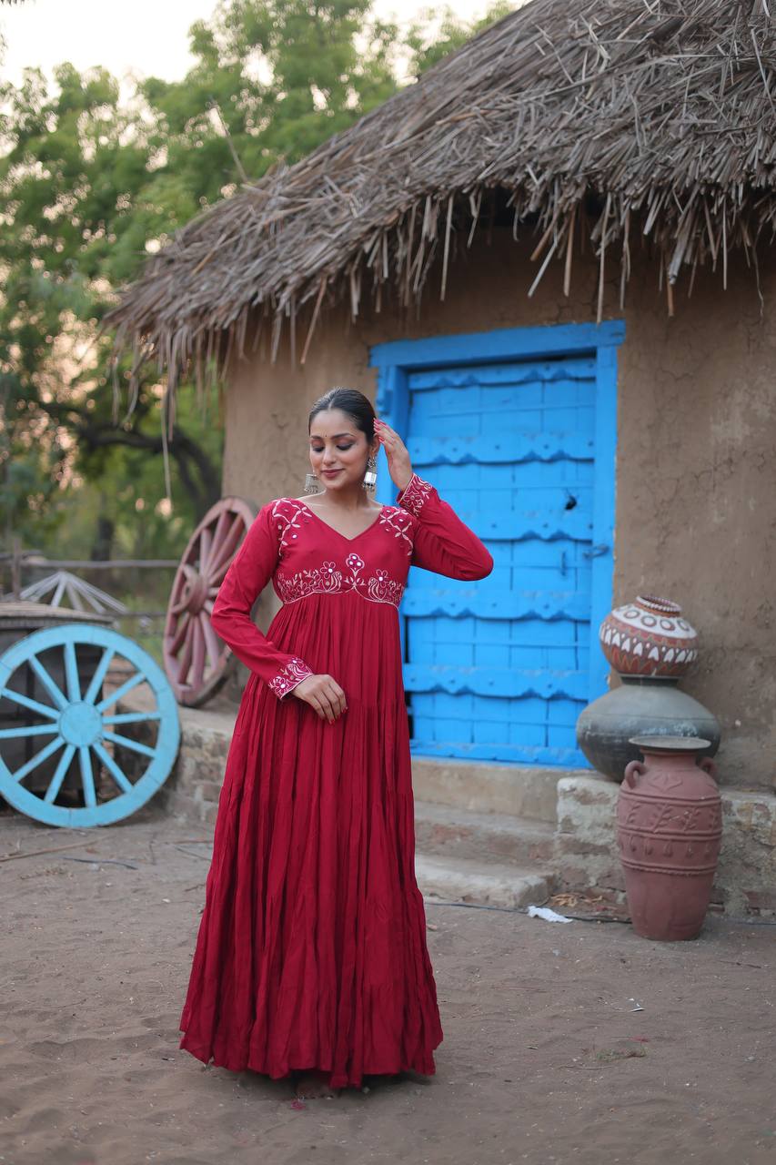 Maroon Color 14 kg Reyon Fabric with Real Mirror Work Gown