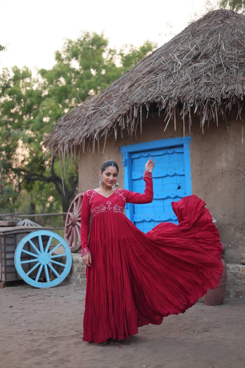 Maroon Color 14 kg Reyon Fabric with Real Mirror Work Gown
