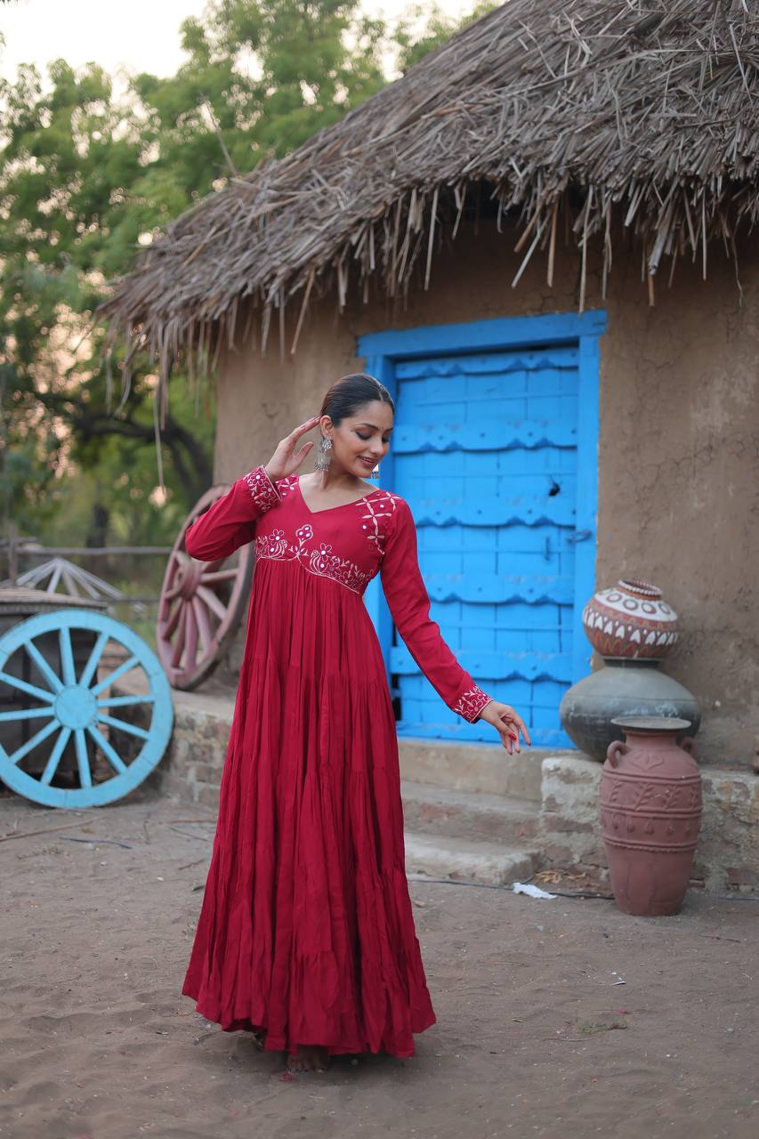 Maroon Color 14 kg Reyon Fabric with Real Mirror Work Gown