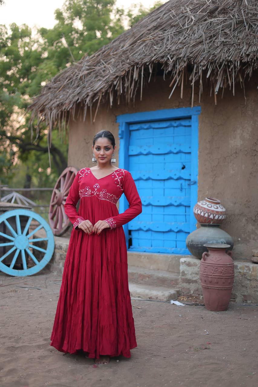 Maroon Color 14 kg Reyon Fabric with Real Mirror Work Gown