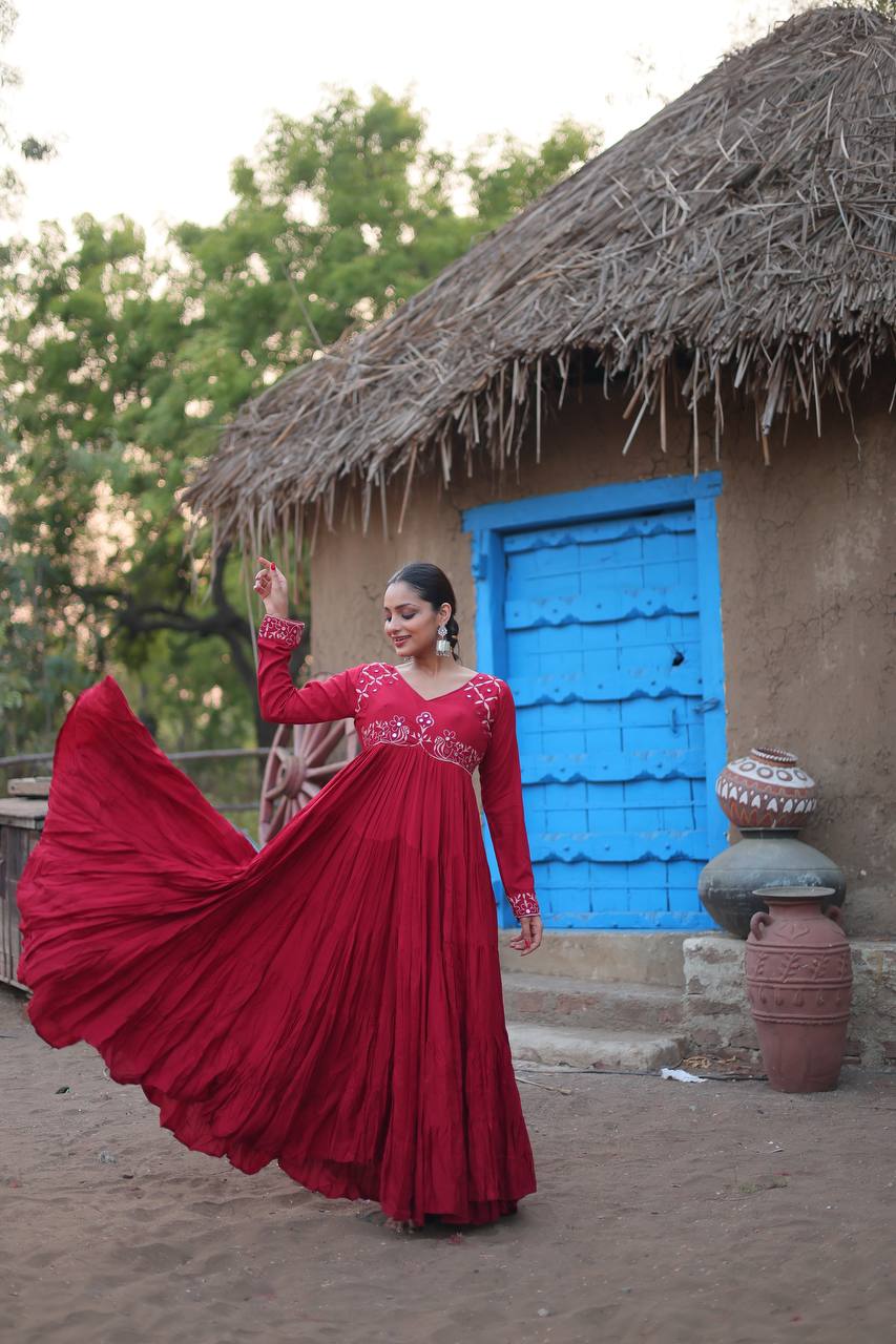 Maroon Color 14 kg Reyon Fabric with Real Mirror Work Gown