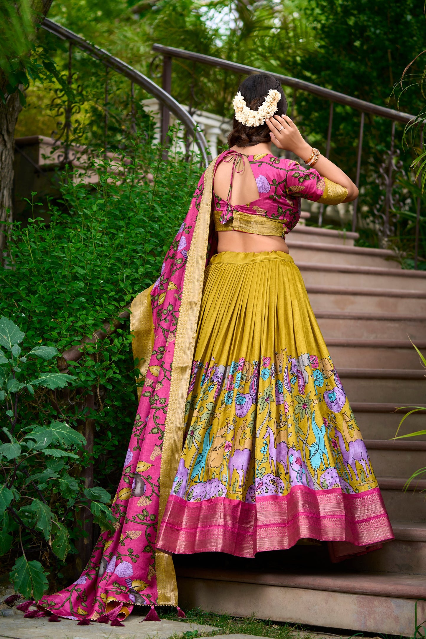 Mustard Color Kalamkari Dola Silk charm Print With Weaving Border Stitched Lehenga Choli