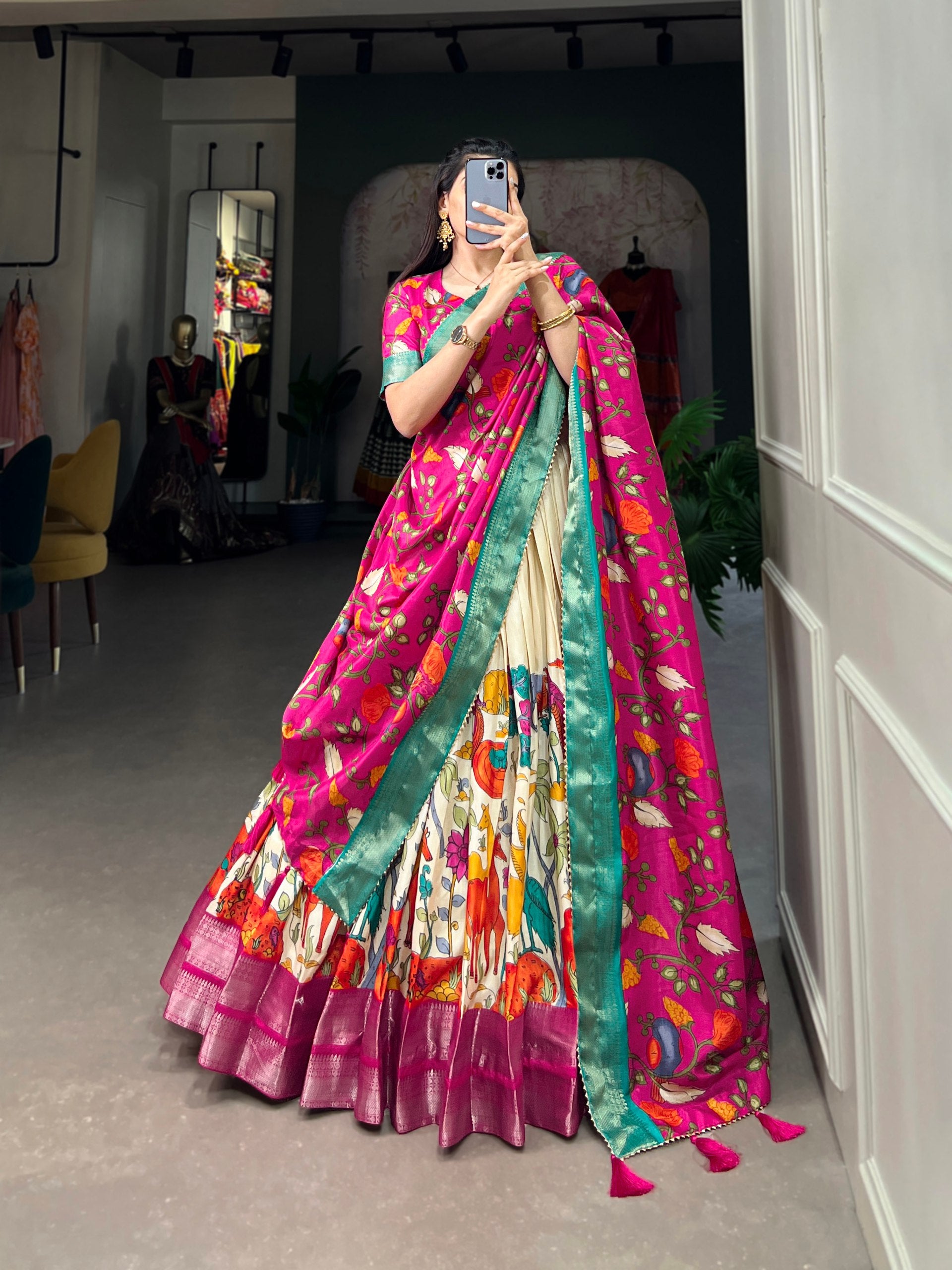 White Color Kalamkari Dola silk charm With Weaving Border Stitched Lehenga Choli