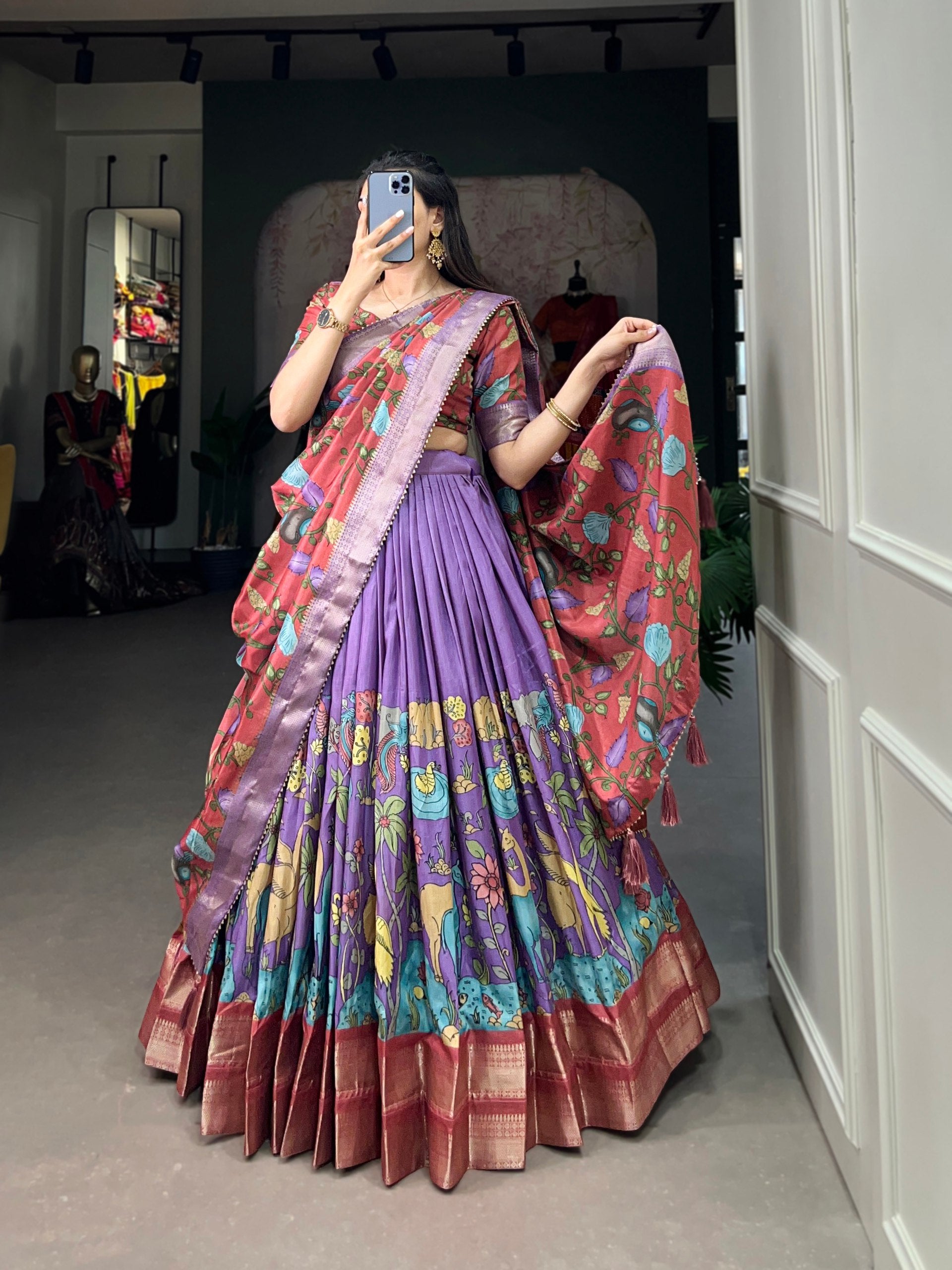 Lavender Color Kalamkari Dola silk charm With Weaving Border Stitched Lehenga Choli