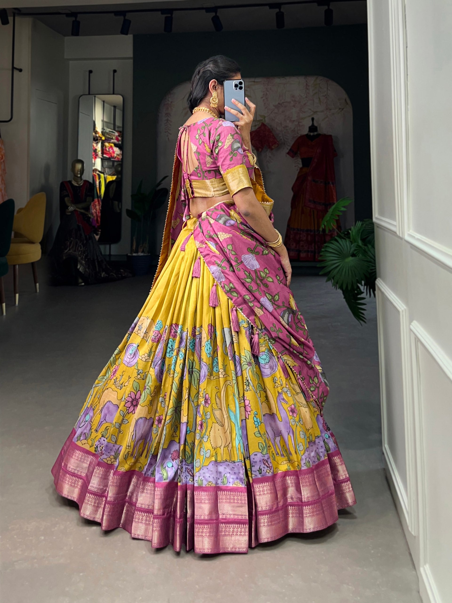 Mustard Color Kalamkari Dola silk charm With Weaving Border Stitched Lehenga Choli