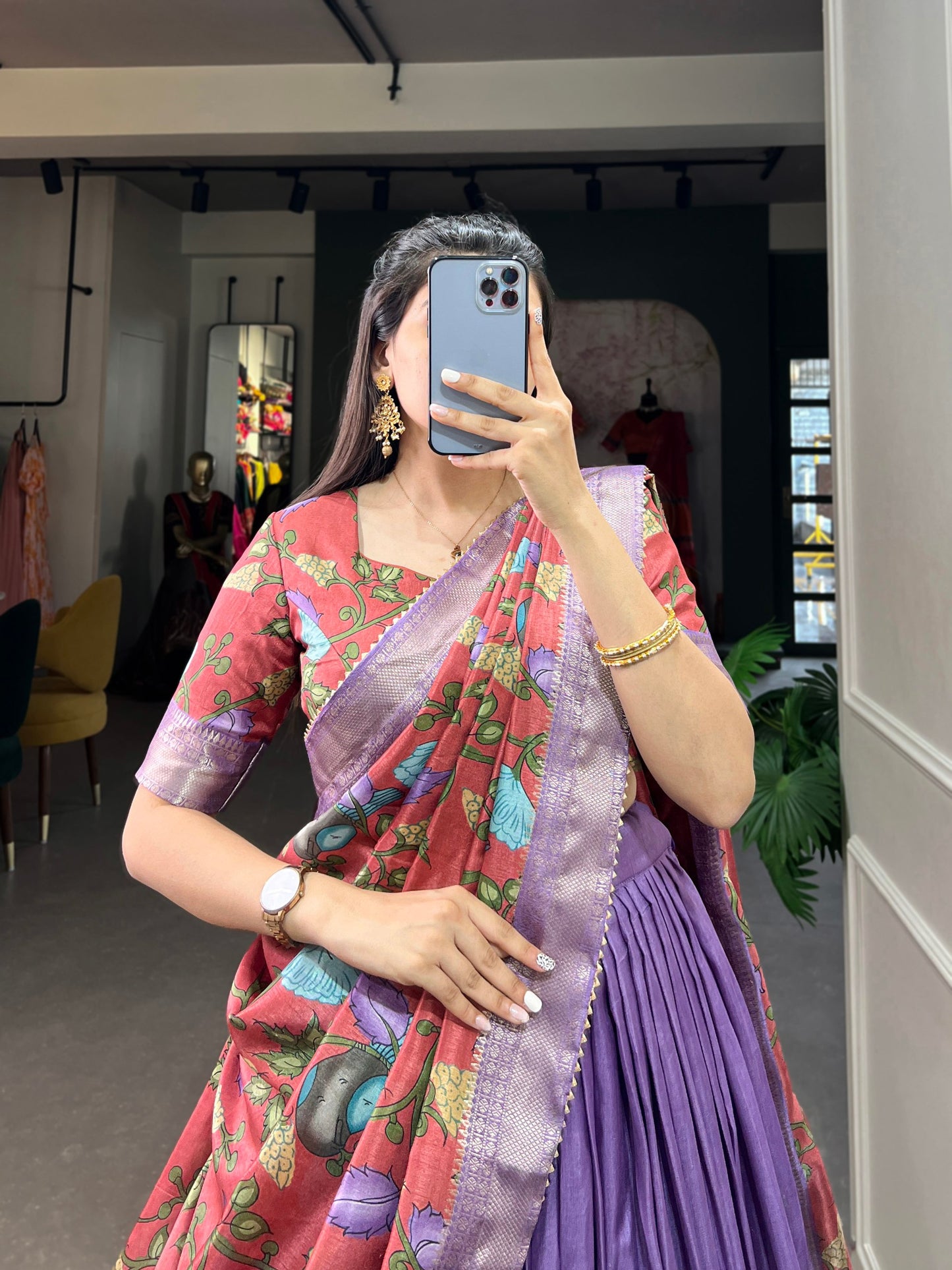 Lavender Color Kalamkari Dola silk charm With Weaving Border Stitched Lehenga Choli