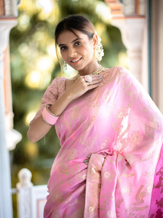Baby Pink Color Pure Banarasi Golden Zari Weaving and Soft Silk Saree