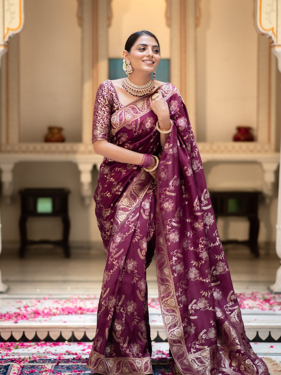 Purple Color Pure Banarasi Golden Zari Weaving and Soft Silk Saree