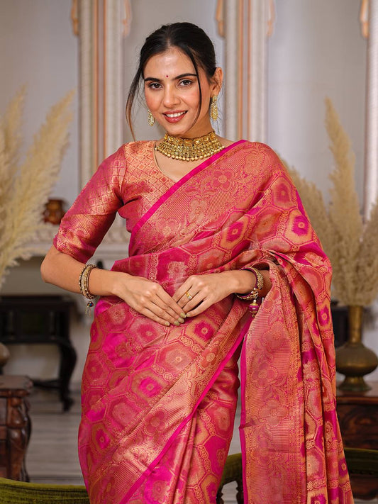 Pure Organza Saree Exuding Regal Charm With Its Rich Pallu And Intricate Brocade