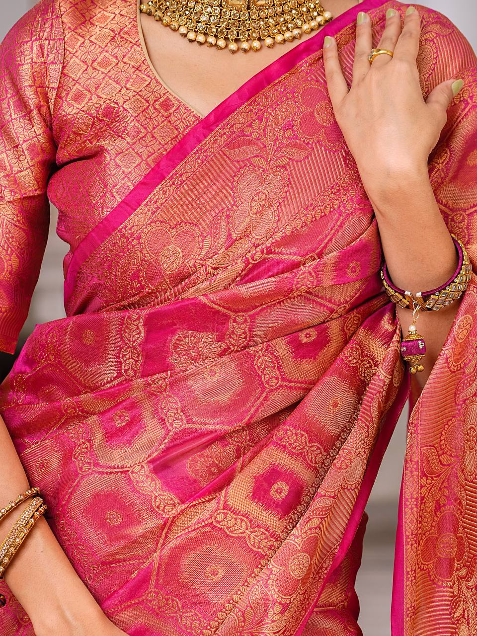 Pure Organza Saree Exuding Regal Charm With Its Rich Pallu And Intricate Brocade