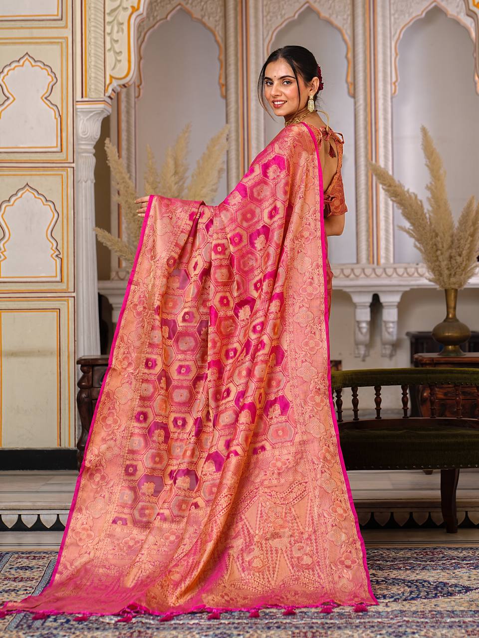 Pure Organza Saree Exuding Regal Charm With Its Rich Pallu And Intricate Brocade