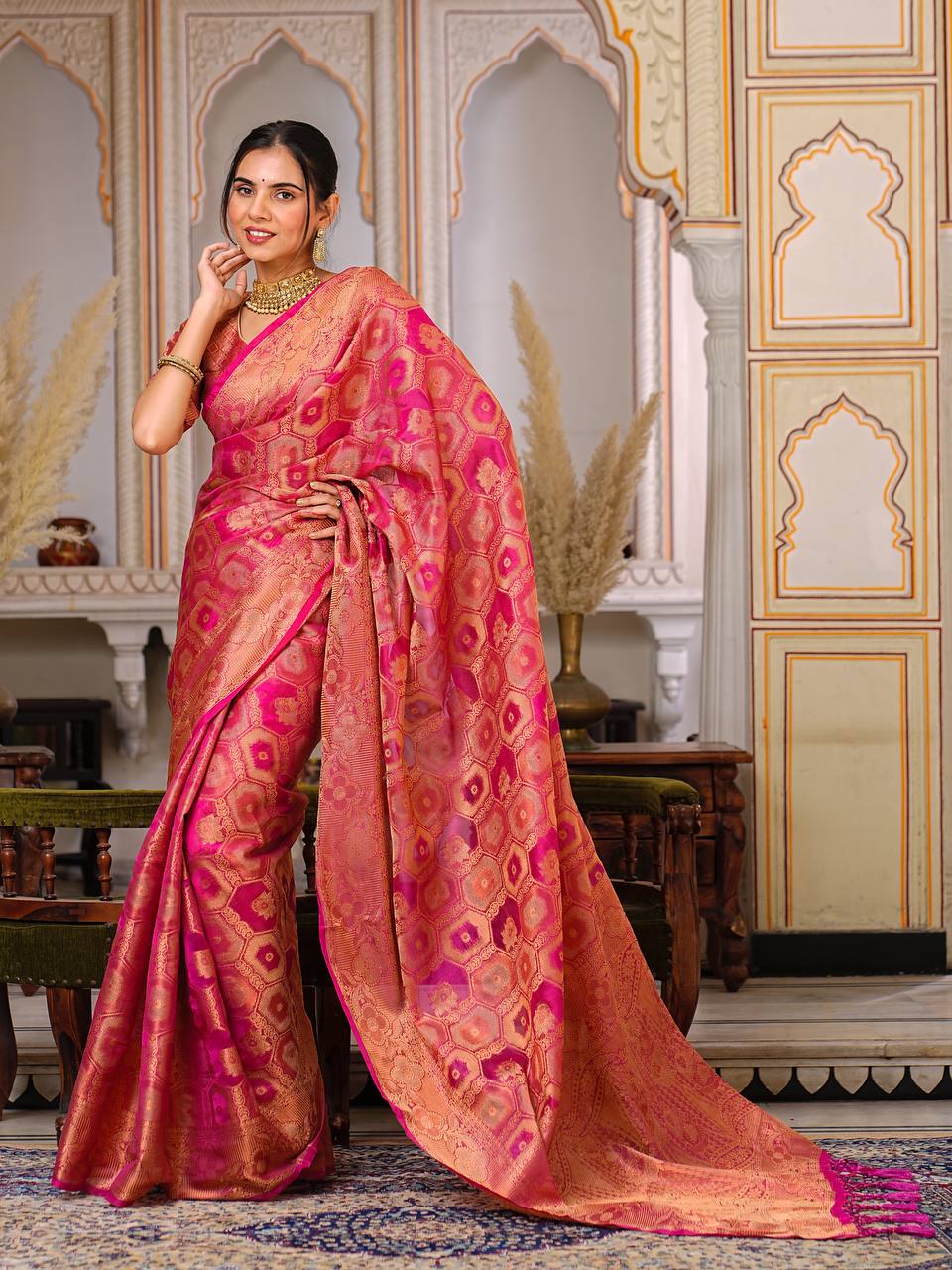 Pure Organza Saree Exuding Regal Charm With Its Rich Pallu And Intricate Brocade
